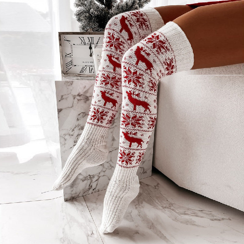 Christmas elk snowflake knitted woolen stockings for women long over knee pile socks stockings