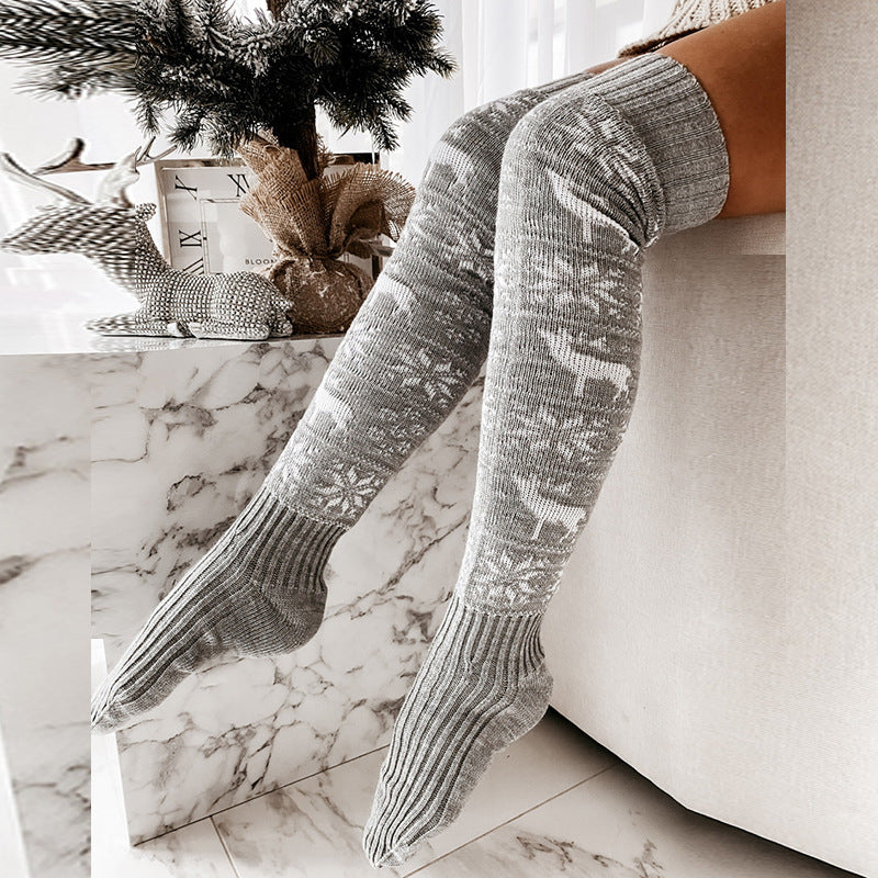 Christmas elk snowflake knitted woolen stockings for women long over knee pile socks stockings