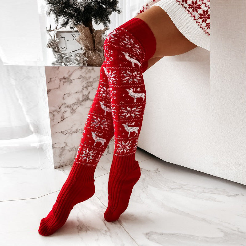 Christmas elk snowflake knitted woolen stockings for women long over knee pile socks stockings